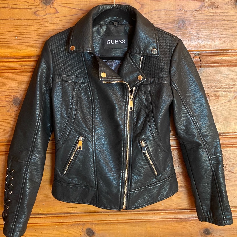 Size small black leather Guess jacket. Winter